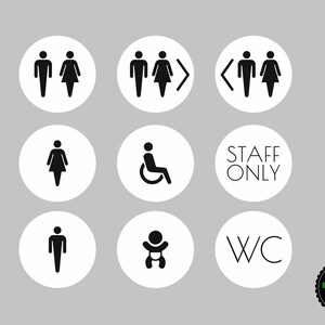 May include: Nine black and white restroom signs with white backgrounds. The signs include symbols for men, women, families, accessible restrooms, staff only, and baby changing. One sign says "WC".