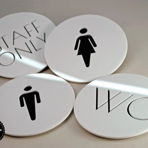 May include: Four white round signs with black text and symbols. The signs read "Staff Only", "WC", and have male and female restroom symbols.