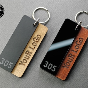 Personalized Modern keychain for Hotels, Key Tag with your logo and room number.