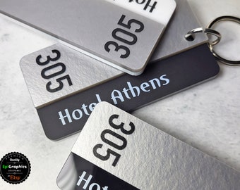 Personalized Modern keychain for Hotels, Key Tag with your logo and room number.