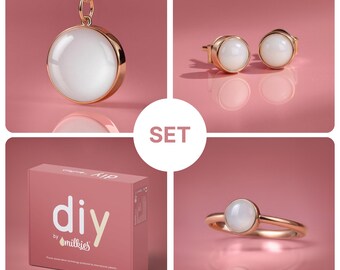 Kit de joyería casera con leche materna: anillo, collar y pendientes de plata de ley.