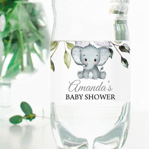 Éditable éléphant bouteille étiquette verdure éléphant bébé douche eau étiquettes gris éléphant sexe neutre bébé douche bouteille étiquette 0102