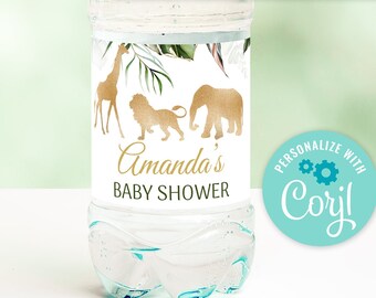 May include: A clear plastic water bottle with a blue cap and a label featuring gold safari animal silhouettes and the text "Amanda's BABY SHOWER". The label includes a giraffe, lion, and elephant.