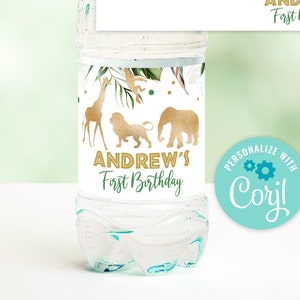 EDITABLE Safari Animals Bottle Label, Jungle Zoo Animals Water Labels Printable, Wild One Birthday Bottle Label, Gold Animals 0101