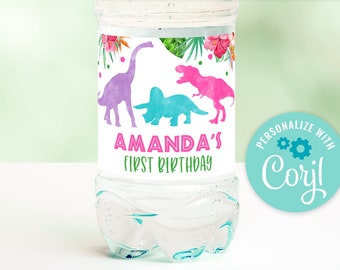 May include: Water bottle label with a pink, blue, and green dinosaur design. The label says "Amanda's First Birthday".