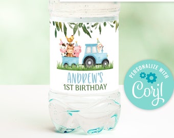 EDITABLE Farm Animals Bottle Label Blue Farm Birthday Water Labels Printable Boy Barnyard Bottle Label Template Farm Birthday Party 0106