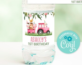 EDITABLE Farm Animals Bottle Label. Pink Farm Birthday Water Labels Printable. Girl Barnyard Bottle Label Template, Farm Birthday Party 0106