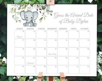 Calendrier modifiable Éléphant devinez une date d'échéance, modèle d'anniversaire de bébé éléphant devinez, jeu de date d'échéance neutre entre les sexes Prédiction de bébé 0102