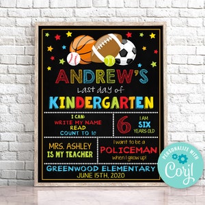 Editable Last Day of Kindergarten Sign, Sport Last Day of School Sign Chalkboard Last Day Of Preschool Sign Instant Download Editable