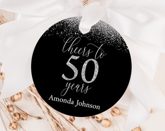 EDITABLE Cheers to 50 Years Favor Tag Silver Glitter Favor Tag 50th Birthday Favor Tag Cheers to 50 Years Sticker Anniversary Tag 0171