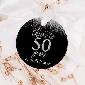 EDITABLE Cheers to 50 Years Favor Tag Silver Glitter Favor Tag 50th Birthday Favor Tag Cheers to 50 Years Sticker Anniversary Tag 0171
