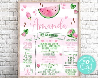 Editable Watermelon Milestone Birthday Poster, Pink Watermelon First Birthday Sign, One in a Melon Poster Stats Board First Year Poster 0118