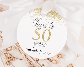 Cheers to 50 Years Favor Tag, Gold Glitter (Editable Digital Download)