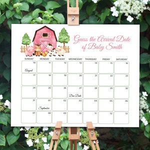 Editable Farm Guess Baby Due Date Calendar Girl Pink Barnyard Guess Baby&#39;s Birthday Template Farm Animals Due Date Game Baby Prediction 0106