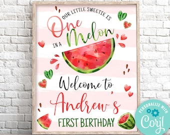 Cartel de bienvenida de cumpleaños editable "One in a Melon" (Descarga digital)