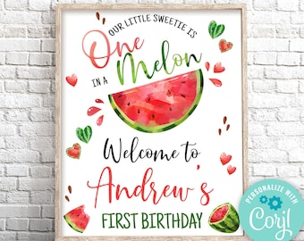 Cartel de bienvenida de cumpleaños editable "One in a Melon" (Descarga digital)