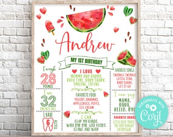 Editable Watermelon Milestone Birthday Poster, Red Watermelon First Birthday Sign, One in a Melon Poster, Stats Board First Year Poster 0118