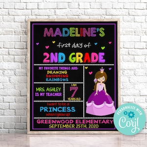Editable First Day of 2nd Grade Sign, Princess First Day of Second Grade Sign, Princess Chalkboard First Day of School Sign Any Grade