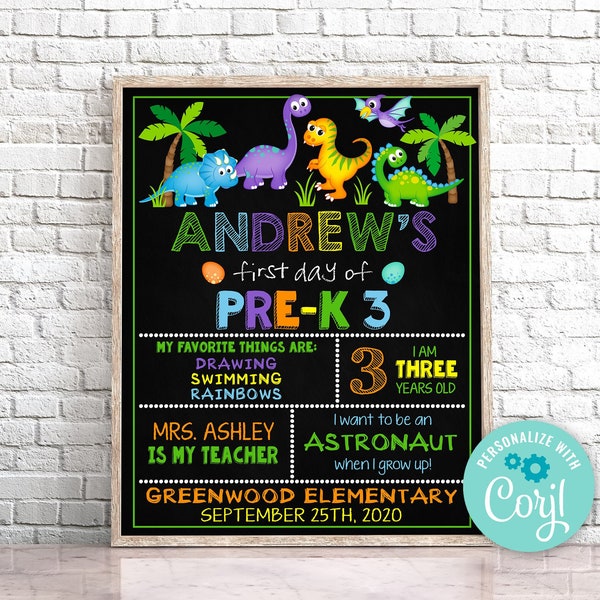 Editable First Day of Pre-K Sign, Dinosaur First Day of Pre-K Chalkboard First Day Of School Sign Instant Download T-Rex First Day of School