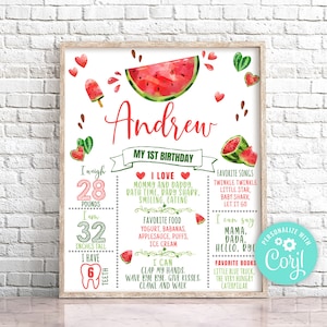 Affiche modifiable d'anniversaire de jalon de pastèque, signe de premier anniversaire de pastèque rouge, un dans une affiche de melon, affiche de première année de tableau de statistiques 0118