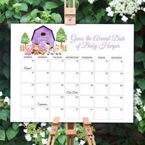 Editable Farm Guess Baby Due Date Calendar Purple Barnyard Guess Baby&#39;s Birthday Template Farm Animals Due Date Game Baby Prediction 0106