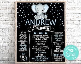 Blue Elephant First Birthday Milestone Poster, Editable (Digital Download)
