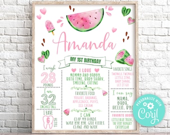 Editable Watermelon Milestone Birthday Poster, Pink Watermelon First Birthday Sign, One in a Melon Poster Stats Board First Year Poster 0118