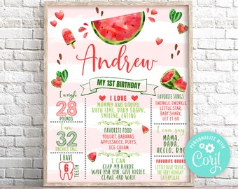 Watermelon First Birthday Milestone Poster, Editable Stats Board (Digital Download)