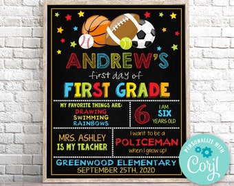 Editable First Day of 1st Grade Sign, Sports Theme (Instant Download)