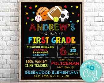 Editable First Day of 1st Grade Sign, Sport First Day of First Grade Sign, Chalkboard First Day of School Sign Instant Download Any Grade