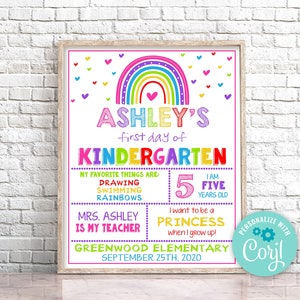 Editable First Day of Kindergarten Sign, Rainbow First Day of School Sign, Rainbow First Day Of Kindergarten Sign Prop Instant Download 0141