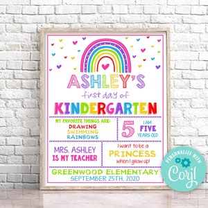 Editable First Day of Kindergarten Sign Back to School Sign Rainbow First Day of School Sign School Photo Prop Instant Download 0141