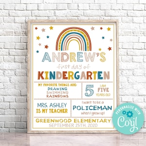 Editable First Day of Kindergarten Sign, Boho Rainbow First Day of School Sign, Rainbow First Day Of Kindergarten Sign Instant Download 0141 image 1