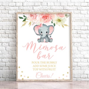 Elephant Baby Shower Momosa Bar Sign, Blush Floral Elephant Baby Shower Mimosa Bar Sign, Elephant Sign, Girl Elephant Mom-osa Bar Sign 0167