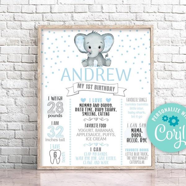 Editable Blue Elephant Milestone Birthday Poster, Boy Elephant First Birthday Milestone Sign, Elephant 1st Birthday Poster, 0166