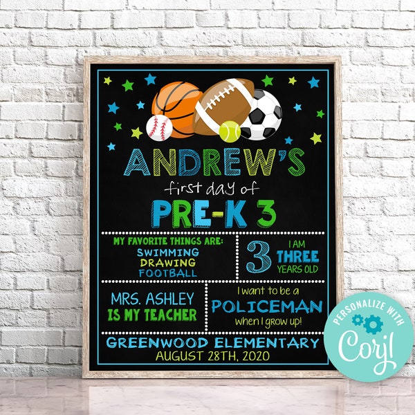 Editable First Day of Pre-K Sign, Sport First Day of Pre-K, Chalkboard First Day Of Kindergarten Sign Instant Download First Day of School