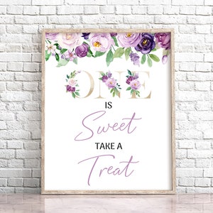 Floral Lilac One is Sweet Please Take a Treat Sign, Purple Floral Birthday Table Sign, Lavender Floral Party Sign Birthday Decoration 0128