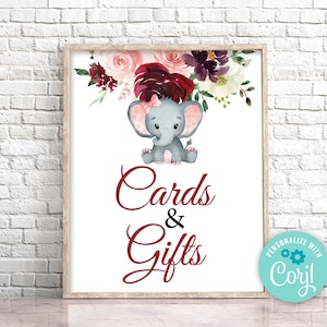 Cartolina con elefante rosa e regali, carta con elefante per ragazza e regali, decorazione da tavola con elefante stampabile e stampabile, baby shower bordeaux 0167