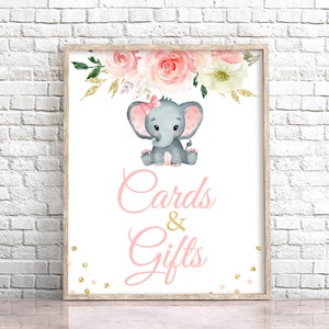 Cartões de elefante rosa e sinal de presentes, cartões de elefante menina e sinal de presentes para impressão, decoração de mesa de elefante imprimível, chá de bebê borgonha 0167