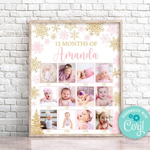 Editable Pink Gold Snowflakes First 12 Months Photo Collage Winter One-derland First Birthday Collage Snowflake 1st Birthday Poster 0192
