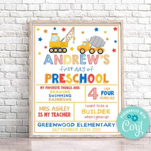 Panneau modifiable pour la première journée d'âge préscolaire, camion à benne basculante, panneau pour le premier jour d'école, tableau pour le premier jour de la maternelle, téléchargement immédiat