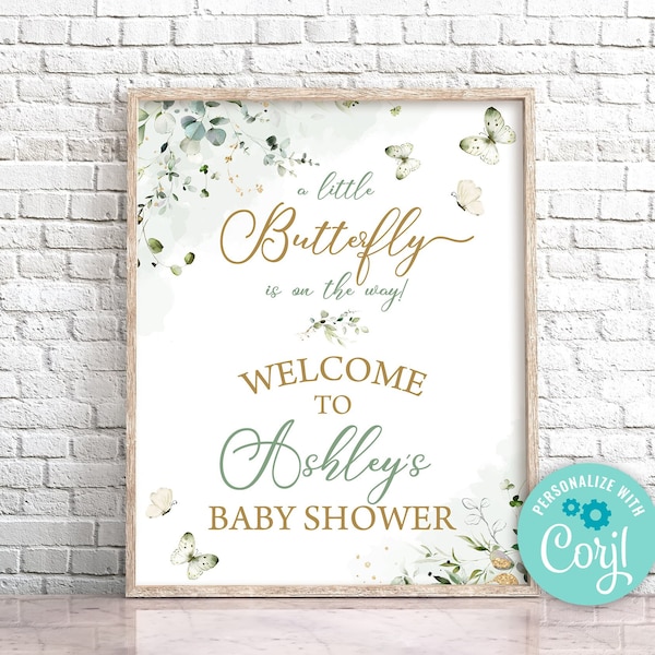Editable Sage Green Butterfly Baby Shower Welcome Sign Greenery Butterfly Welcome Sign Butterfly Baby Shower Welcome Sign 0174