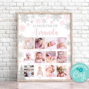 Copos de nieve plateados rosas editables Primeros 12 meses Collage de fotos Invierno One-derland Primer cumpleaños Collage Copo de nieve 1er cumpleaños Póster 0187