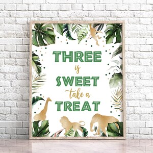 Three Is Sweet Safari Birthday Sign Gold Animals 3rd Birthday Party Decor Printable Safari Table Decor Zoo Party Jungle Wild One Decor 0101