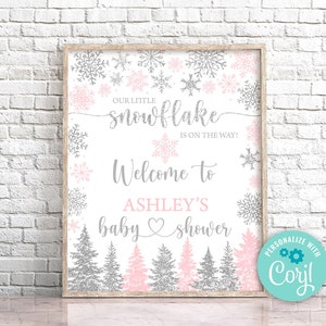 Editable Snowflake Baby Shower Welcome sign Winter Wonderland Baby Shower Welcome Sign Pink and Silver Snowflake Welcome Sign 0187
