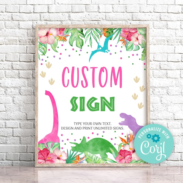 EDITABLE Dinosaur Birthday Table Sign, Pink Dinosaur Sign. Custom Safari Dino Birthday Party Sign Template, T-Rex Birthday Decorations 0207