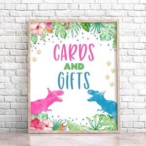 Dinosaurier Doppel Geburtstag Party Karten und Geschenke Zeichen Rosa Blau Dinosaurier Tischdekoration Junge Mädchen Zwillinge Dino T-Rex Geburtstagsschild 0207