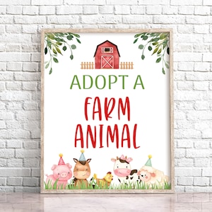 May include: A framed print with the text "ADOPT A FARM ANIMAL" in green and red. The image features a red barn illustration, green foliage, and cartoon farm animals, including a pig, horse, cow, chicken, and sheep, all wearing party hats.