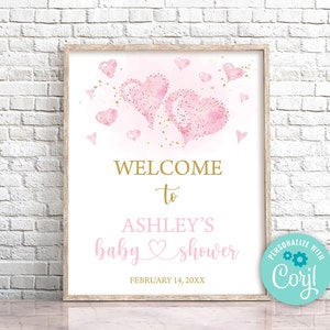 Editable Valentine Baby Shower Welcome sign A Little Sweetheart Baby Shower Welcome Sign Pink Hearts Welcome Sign Valentine&#39;s Shower 0193