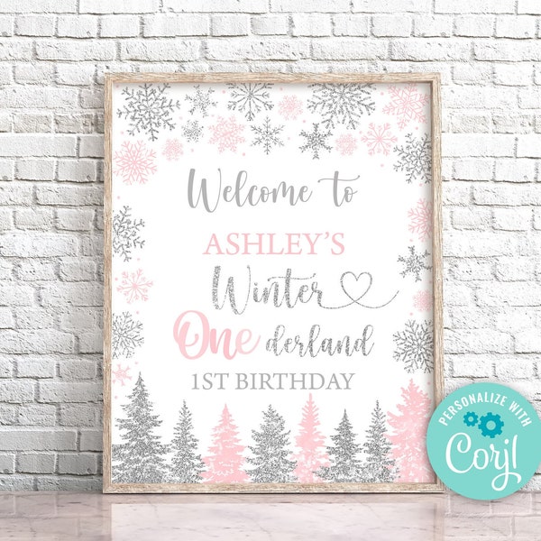 Editable Winter One-derland Welcome sign Pink Silver Snowflakes 1st Birthday Welcome Sign Whimsical Winter ONEderland Birthday Welcome 0187